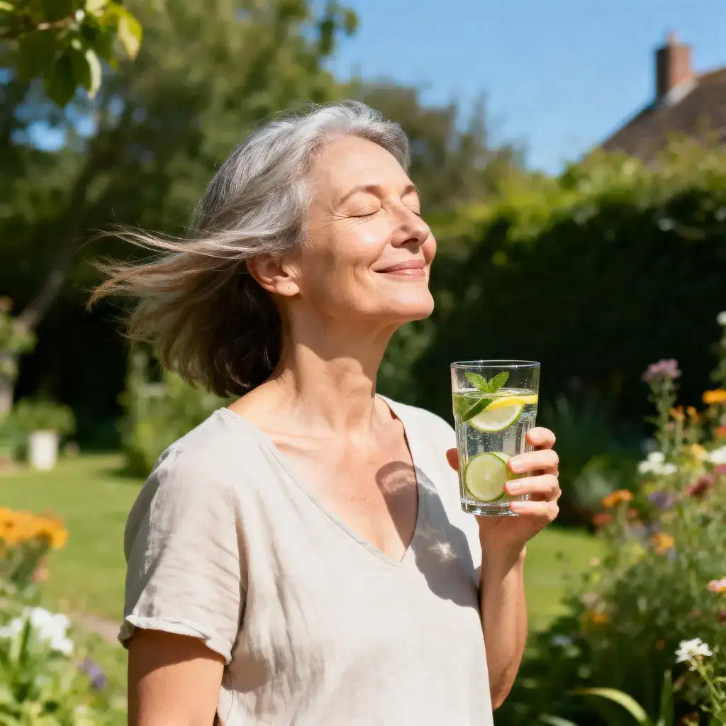 Mulher feliz e leve no jardim, depois do Power Jejum