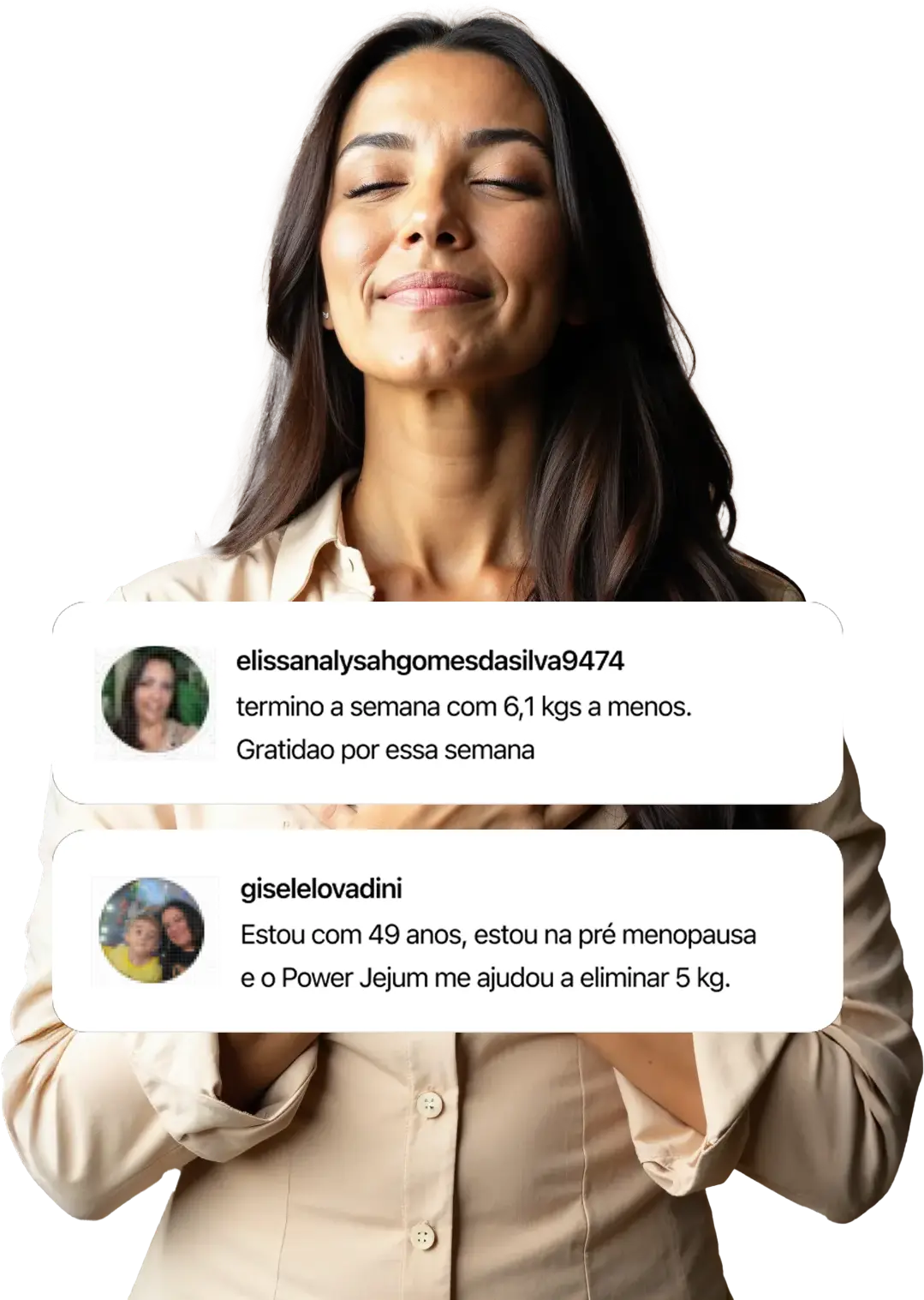 Mulher em paz após o Power Jejum, com depoimentos de alunas